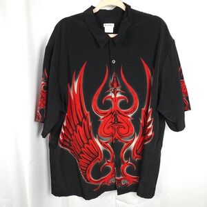 VTG No Boundaries Black Red Flame‎ Bird Bowling Shirt Men's XL
